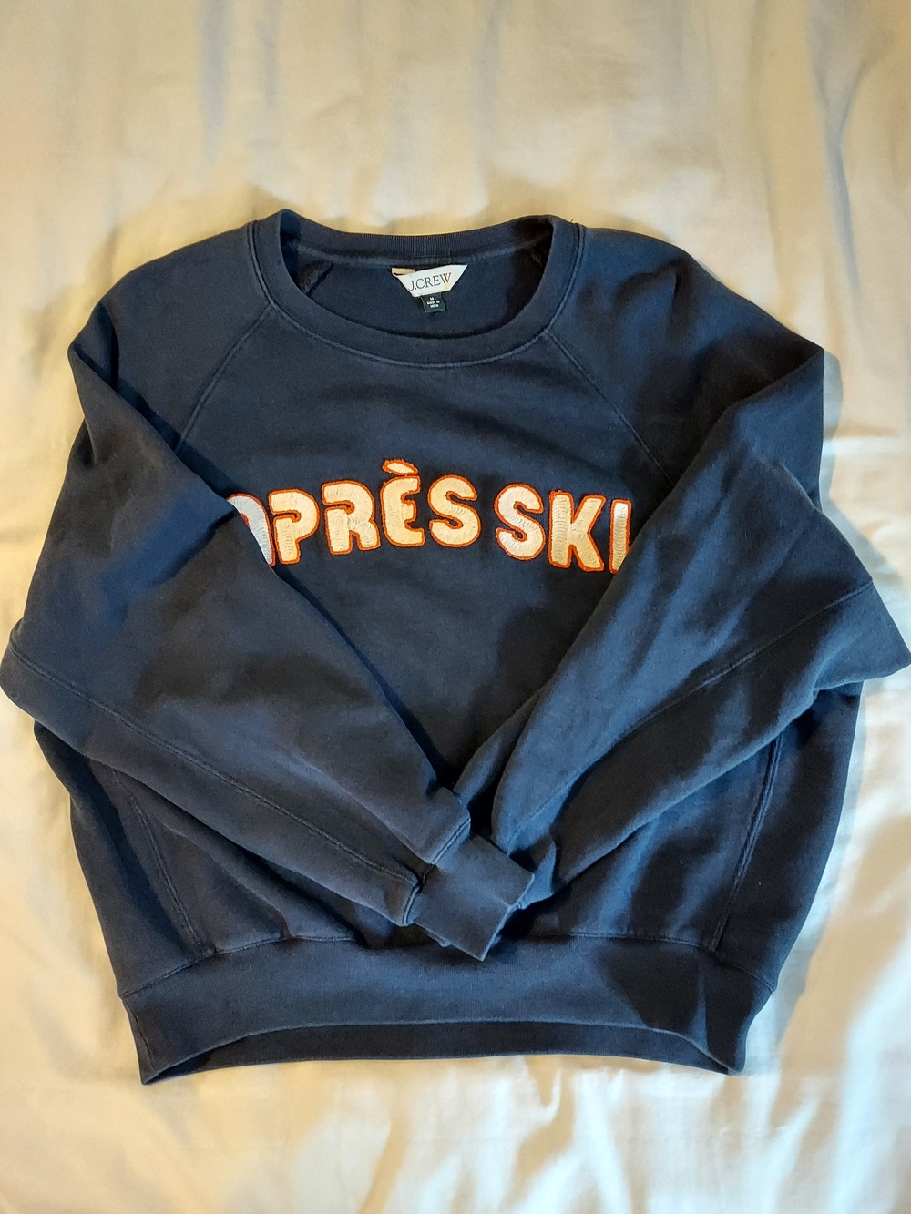 J Crew Navy Blue Orange Après Ski 100 % Cotton Crew Neck Sweatshirt Size M - Picture 8 of 8
